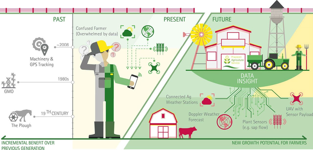 Farmer in agricultural field holding a tablet displaying precision farming data while standing among crops, with visible IoT soil moisture sensors inserted in the ground, weather station equipment, and drone flying overhead collecting multispectral imagery for crop health monitoring.