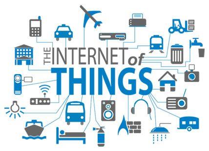 Conceptual illustration of the Internet of Things showing 'THE INTERNET OF THINGS' as central text surrounded by interconnected icons representing diverse connected devices: mobile phones, airplanes, buildings, buses, ships, beds, refrigerators, washing machines, cameras, speakers, headphones, printers, trash bins, and many more everyday objects.