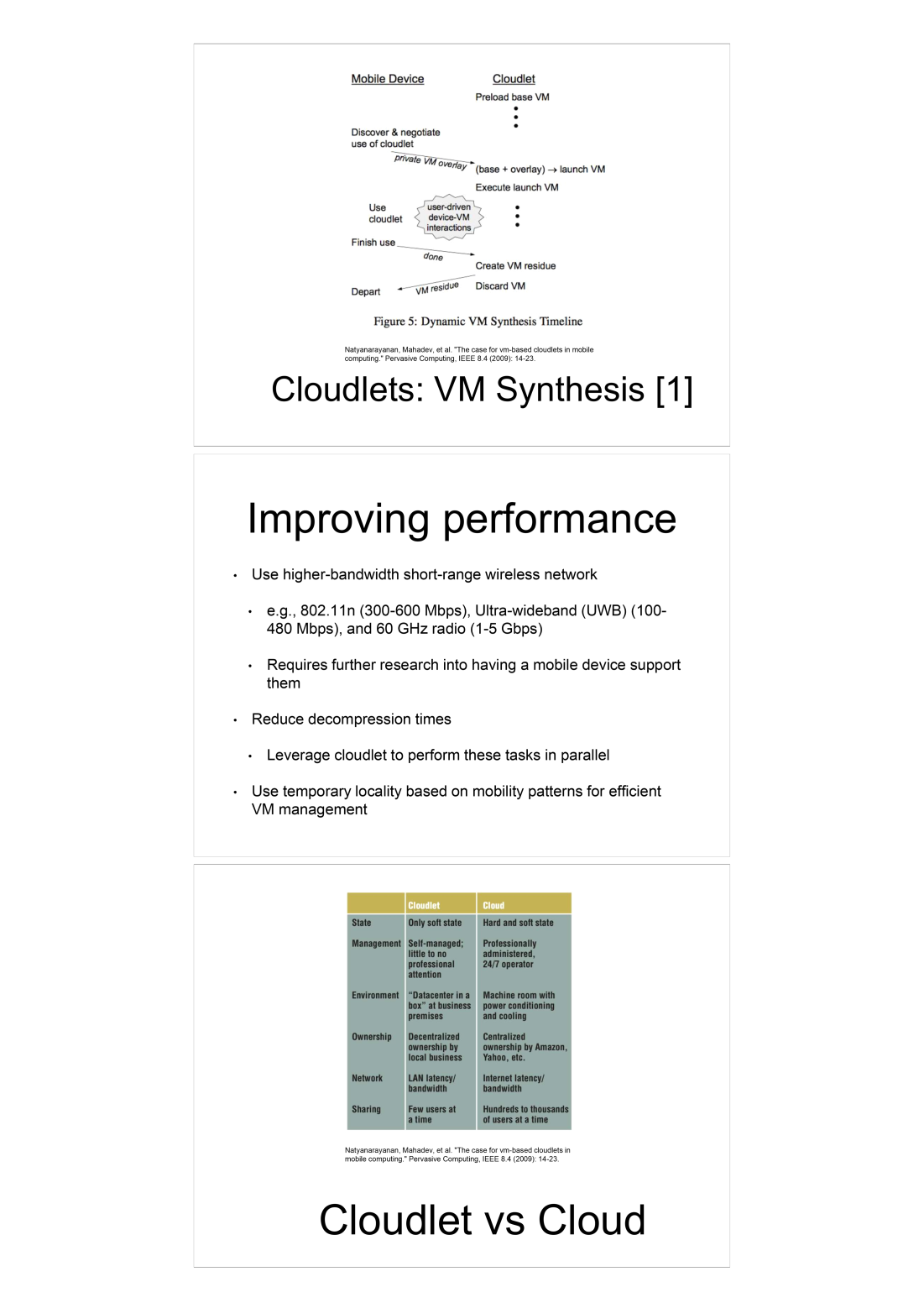 Three-panel diagram showing cloudlet VM synthesis timeline at top (mobile device discovery, VM overlay transfer, execution, VM residue creation), cloudlet performance improvement strategies in middle, and detailed Cloudlet vs Cloud comparison table at bottom covering state management, administration, environment, ownership, network, and sharing characteristics