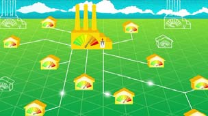 Wireless sensor network mesh deployment for smart grid showing multiple residential homes (orange/yellow icons) connected via wireless links (white lines) in a mesh topology across a green landscape, with a central power substation (yellow building with smokestacks) serving as the data aggregation point - demonstrating how mesh networking provides redundant communication paths for reliable smart meter data collection and grid monitoring in neighborhood-scale deployments