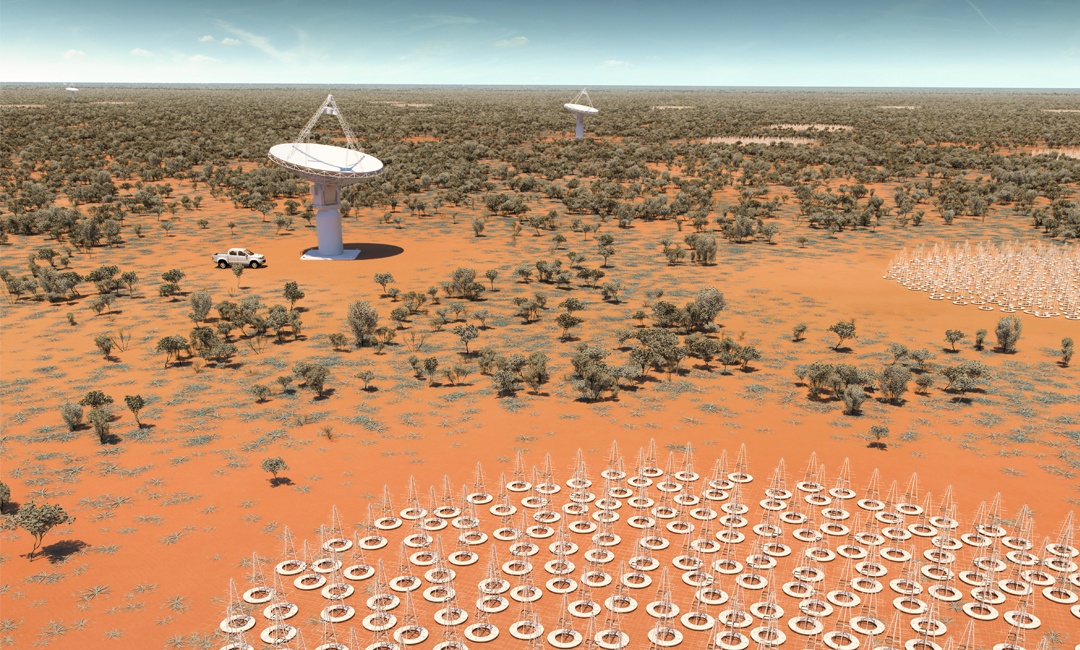 Artist rendering of the Square Kilometre Array radio telescope installation with thousands of antenna dishes spread across the landscape