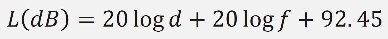 Path loss formula showing FSPL in dB equals 20 log d plus 20 log f plus 92.45, demonstrating frequency-dependent signal attenuation
