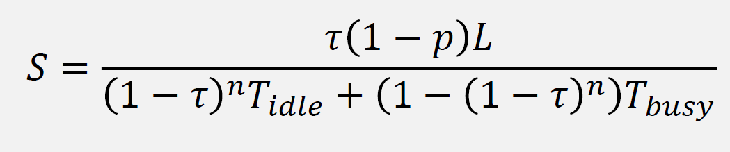 Simplified 802.11 throughput expression relating throughput to attempt probability, collision probability, payload length, and idle/busy slot timing parameters (illustrative; see the text for a consistent Bianchi-style form and definitions).