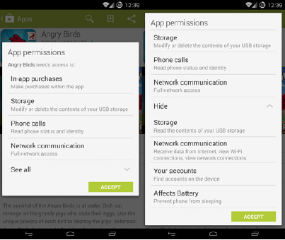 Android permission model diagram showing three tiers: Normal permissions auto-granted for basic features, Dangerous permissions requiring user consent for sensitive data access, and Special permissions requiring Settings configuration for system-level access
