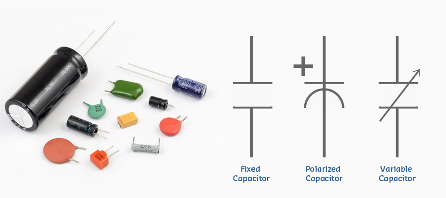 Variety of capacitor types including large electrolytic cylindrical capacitors with polarity markings, ceramic disc capacitors, small tantalum capacitors, film capacitors, and surface-mount capacitors showing different sizes and voltage ratings