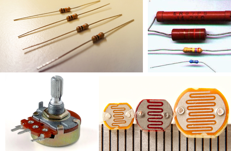 Collection of various resistor types including carbon film resistors with color bands, metal film precision resistors, large wire-wound power resistors, small surface-mount SMD resistors, and adjustable potentiometers showing different sizes and form factors
