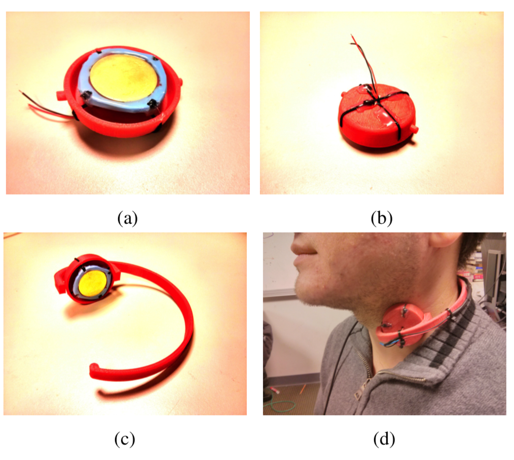 Four-panel image of a wearable neck sensor: panel (a) shows circular red device with yellow piezoelectric sensor in center from top, panel (b) shows bottom with electronics compartment, panel (c) displays flexible red neck band configuration, panel (d) shows device worn around person's neck near throat for capturing swallowing, speaking, and physiological signals.