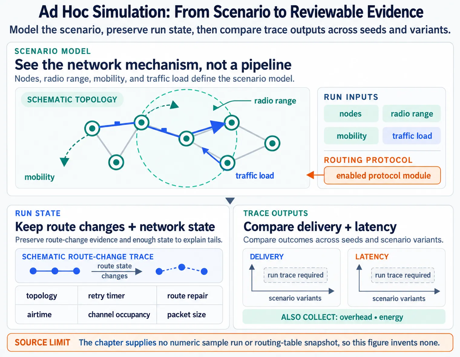 Workflow showing scenario inputs, routing protocol engines, a mobility simulation loop, and metrics used to compare ad hoc network routing protocols.