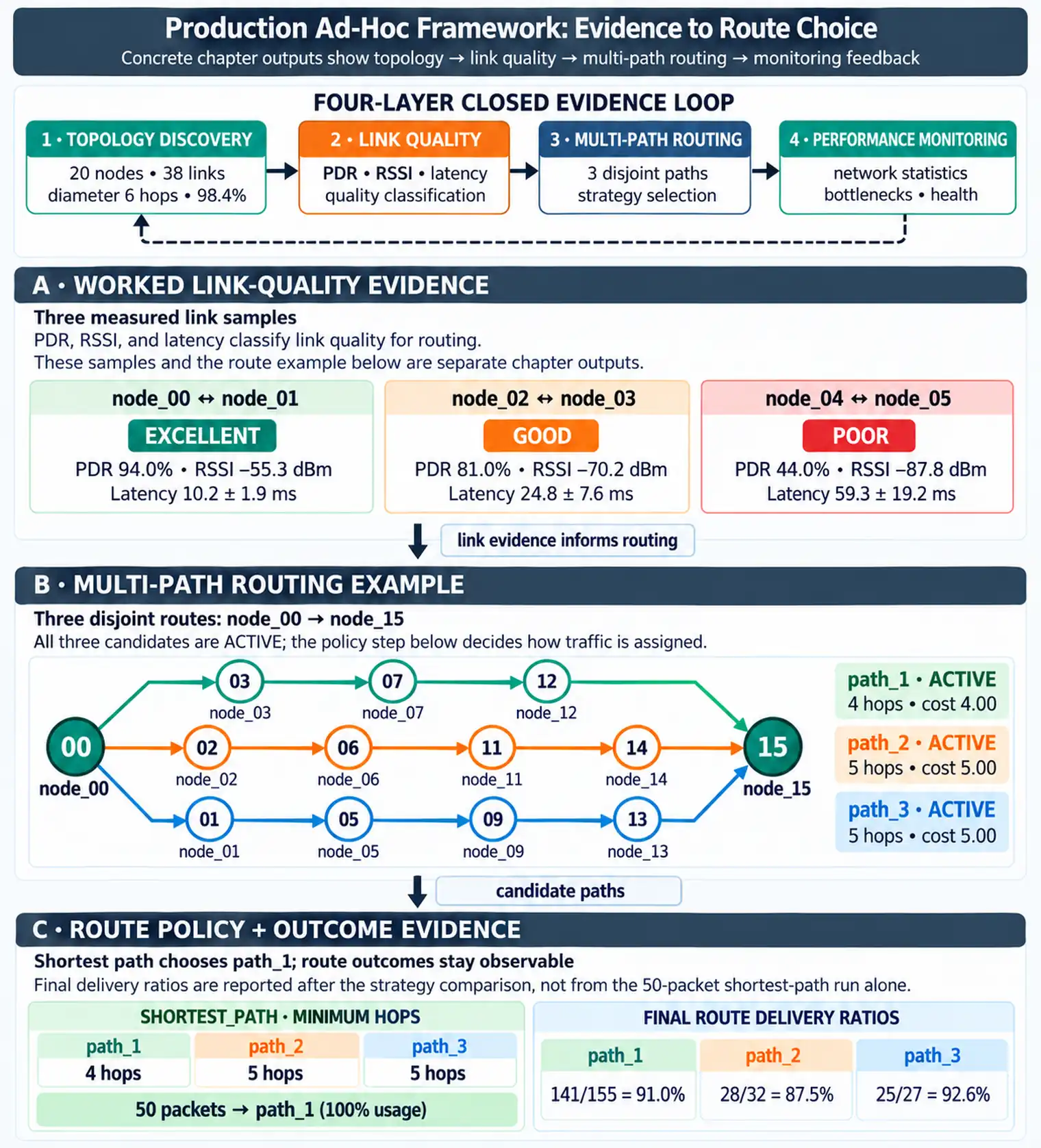 Production ad hoc framework architecture showing topology discovery, link quality assessment, multi-path routing, and performance monitoring connected by a monitoring feedback loop.