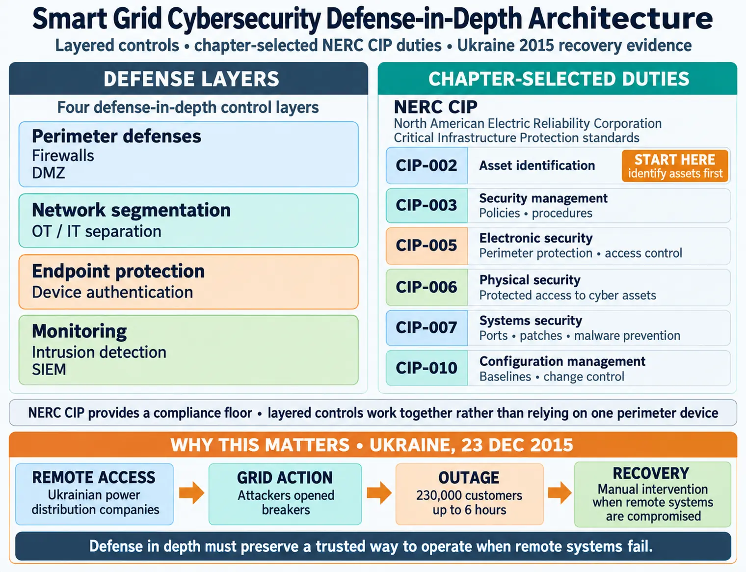 Layered diagram showing smart grid cybersecurity controls: perimeter defenses (firewalls, DMZ), network segmentation (OT/IT separation), endpoint protection (device authentication), and monitoring (intrusion detection, SIEM). Shows NERC CIP compliance requirements at each layer.