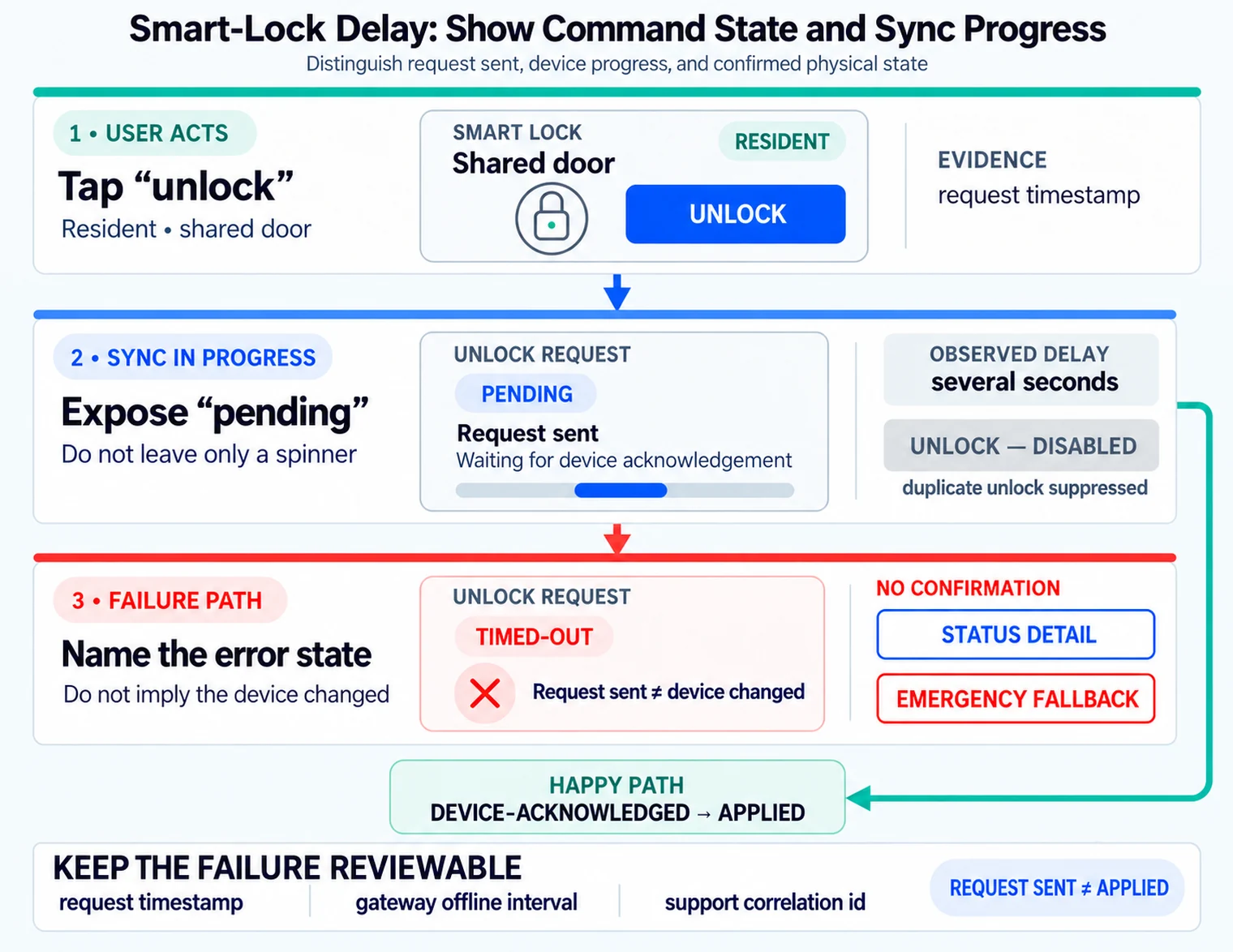 Shared-door smart-lock flow begins when a resident taps unlock, shows the request as pending while the device acknowledges it, and disables a duplicate unlock action. A timeout reports no confirmation rather than claiming the lock changed; the successful path requires device acknowledgement.