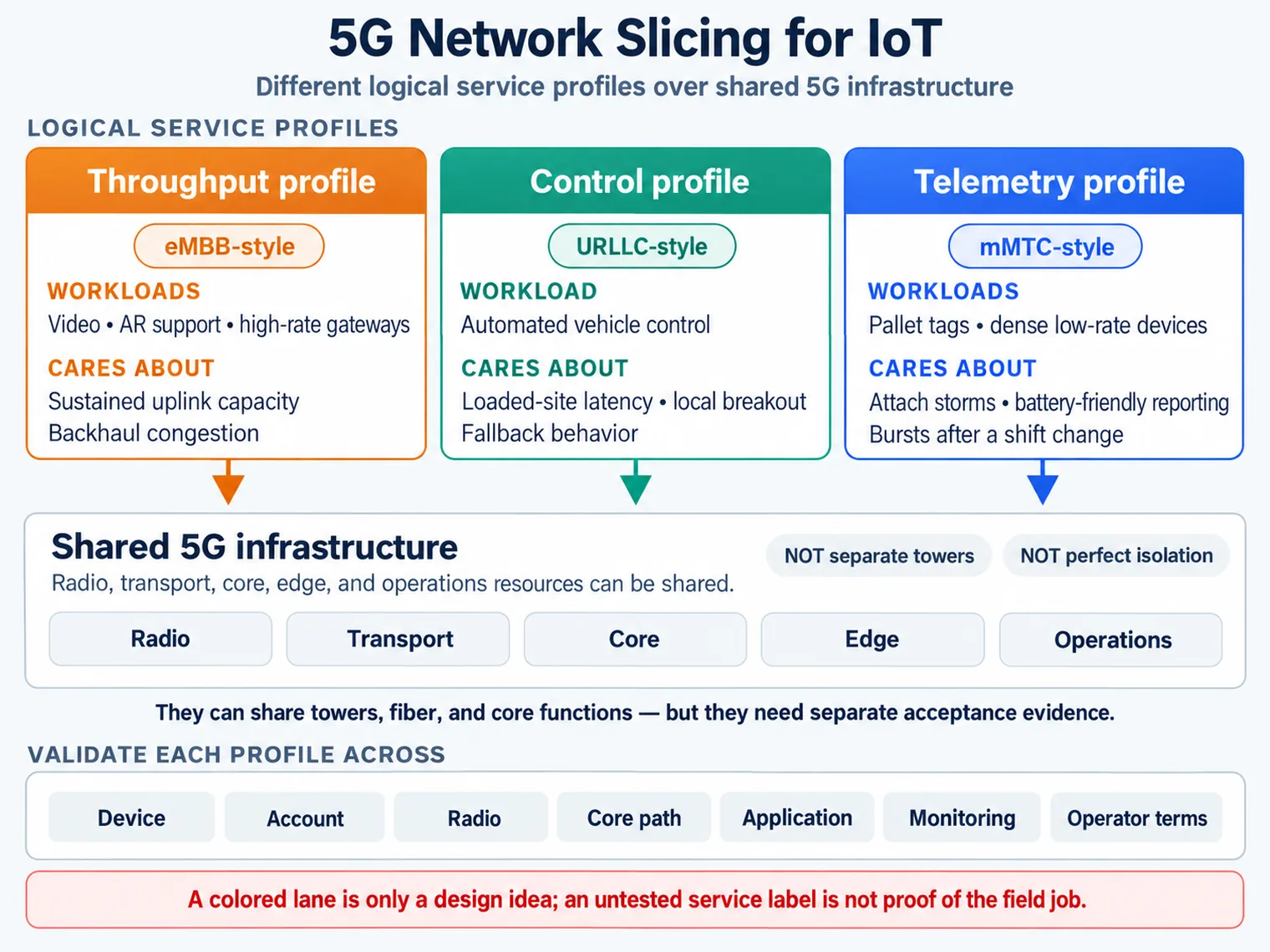 Throughput, control and telemetry profiles share 5G radio, transport, core, edge and operations. Each profile needs separate acceptance evidence; a service label is not field proof.