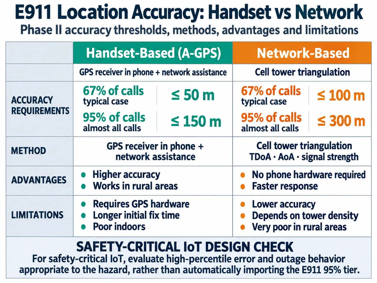 E911 handset-based A-GPS and network-based positioning list accuracy requirements, method, pros and cons. GPS hardware, rural performance and indoor performance distinguish the two approaches.