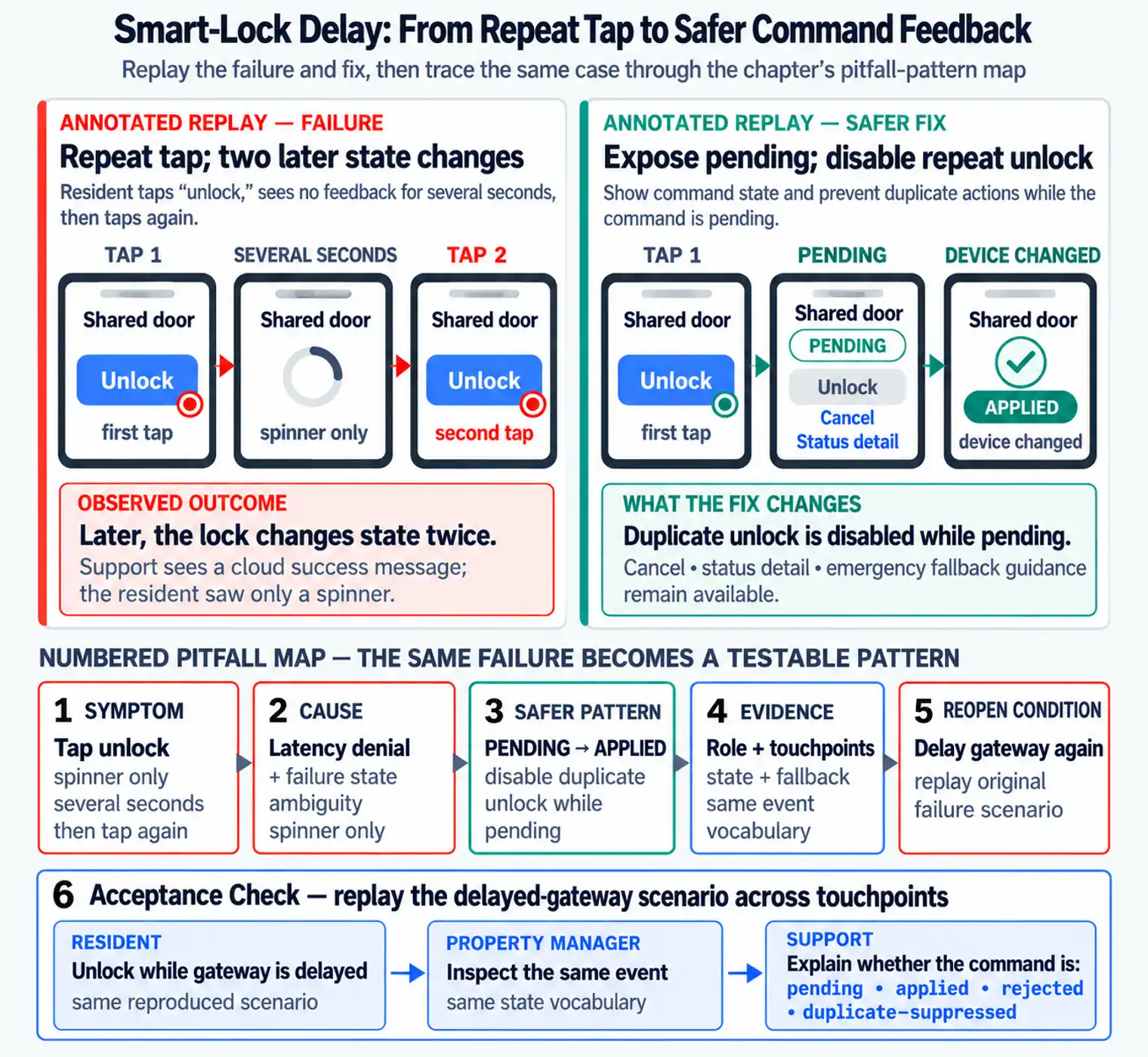 IoT UX pitfall pattern map with numbered cards for symptom, cause, safer pattern, evidence, reopen condition, and an acceptance check across two touchpoints.