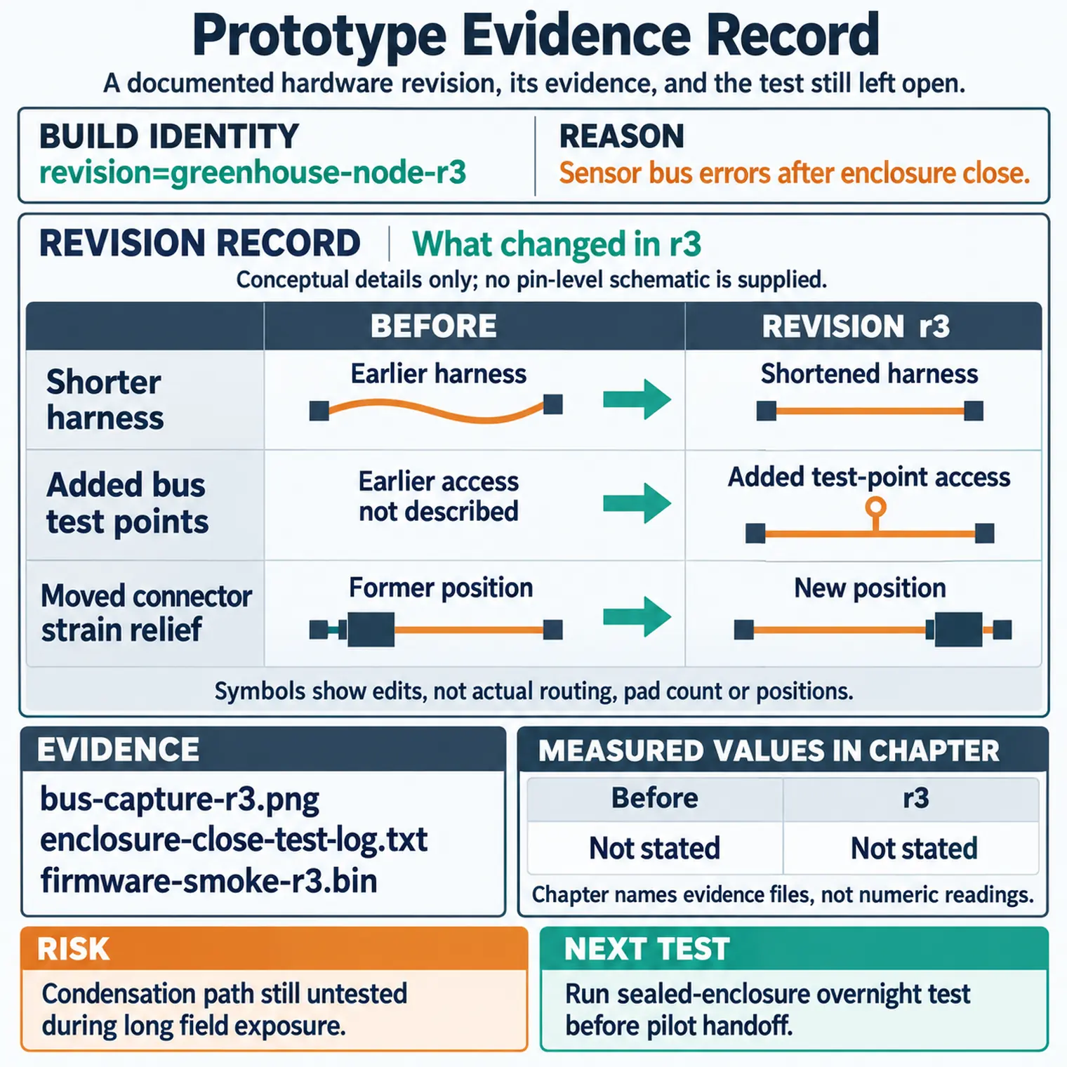 Prototype evidence record map showing requirements, wiring map, schematic, firmware build, measurements, photos, issues, and revision notes.