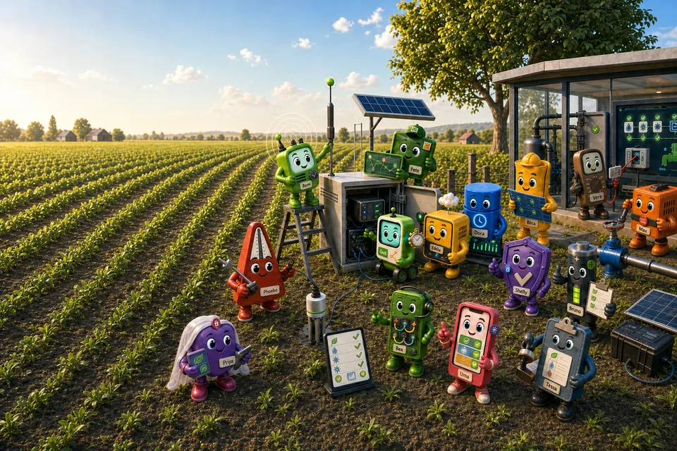 Phoebe, Remi, Pete, Gus, Eddie, Dora, Bina, Vera, Max, Bex, Shelly, Priya, Uma, Bruno and Tessa commissioning one connected smart-farm IoT deployment