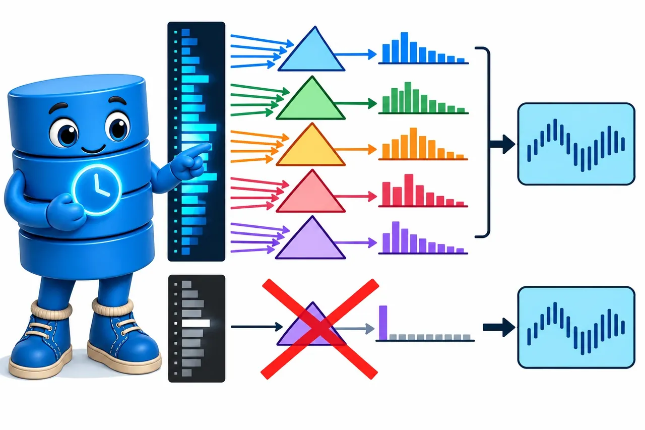 A cartoon crosses out the wrong claim and shows the section evidence. Wrong idea: each filter keeps one frequency bin, so filter count cannot change the result. It fails because each filter mixes many weighted bins before the cosine step.