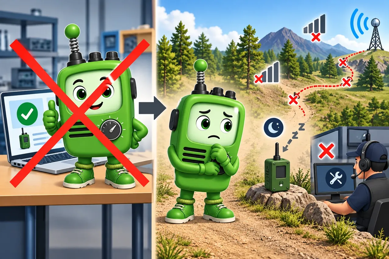 A cartoon crosses out the wrong claim and shows the section evidence. Wrong idea: a lab connection proves the fleet is ready. It fails because the final site, sleep cycle, data path, and support plan are still untested.