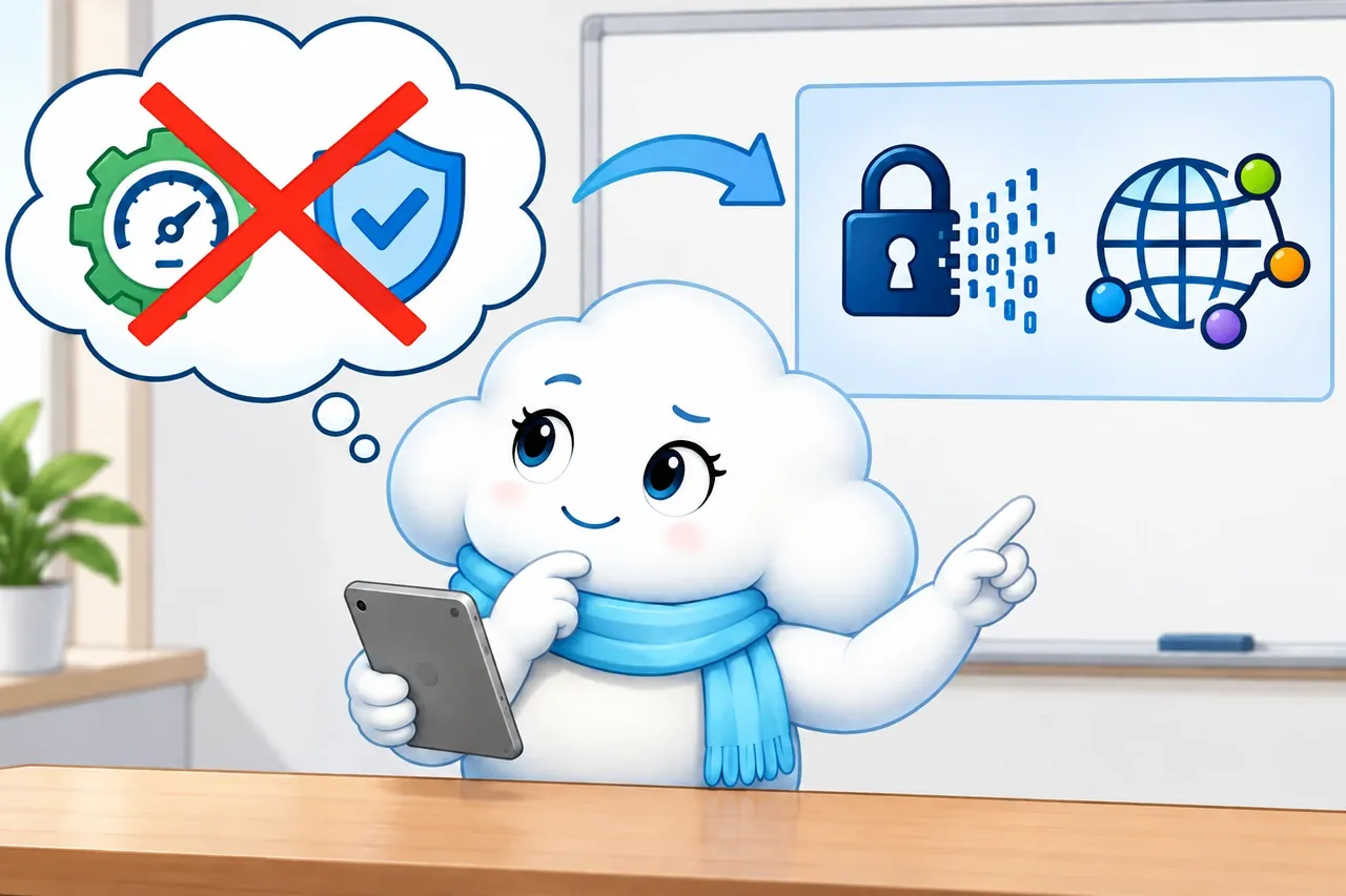 A cartoon crosses out the wrong claim and shows the section evidence. Wrong idea: this case is only about speed and recovery. It fails because the database must work on encrypted data and connect with other tools.