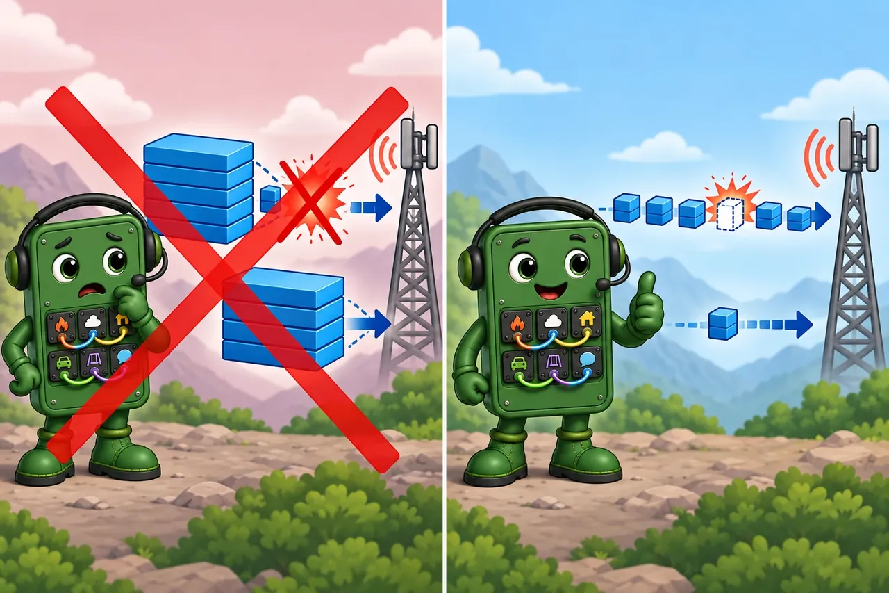 A cartoon crosses out the wrong claim and shows the section evidence. Wrong idea: use the largest confirmed blocks on a lossy link. It fails because one lost block forces a full large retry, while smaller blocks waste less.