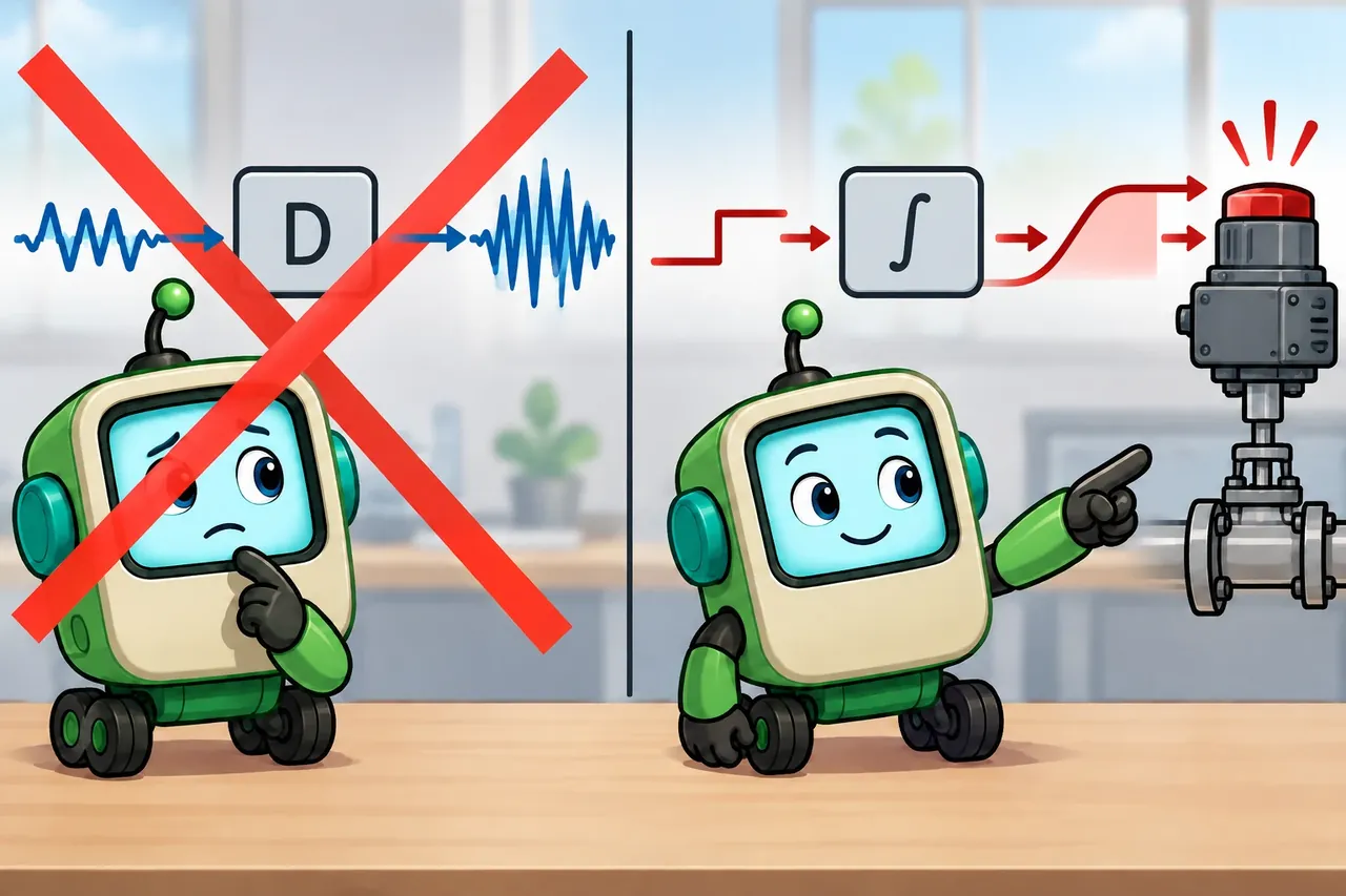 A cartoon crosses out the wrong claim and shows the section evidence. Wrong idea: add derivative action to cure windup. It fails because stored error at an output limit causes windup, while derivative action adds noise.