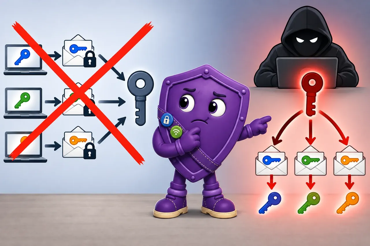 A cartoon crosses out the wrong claim and shows the section evidence. Wrong idea: separate session keys give forward secrecy on their own. It fails because one stolen long-term key can reveal every recorded session key.
