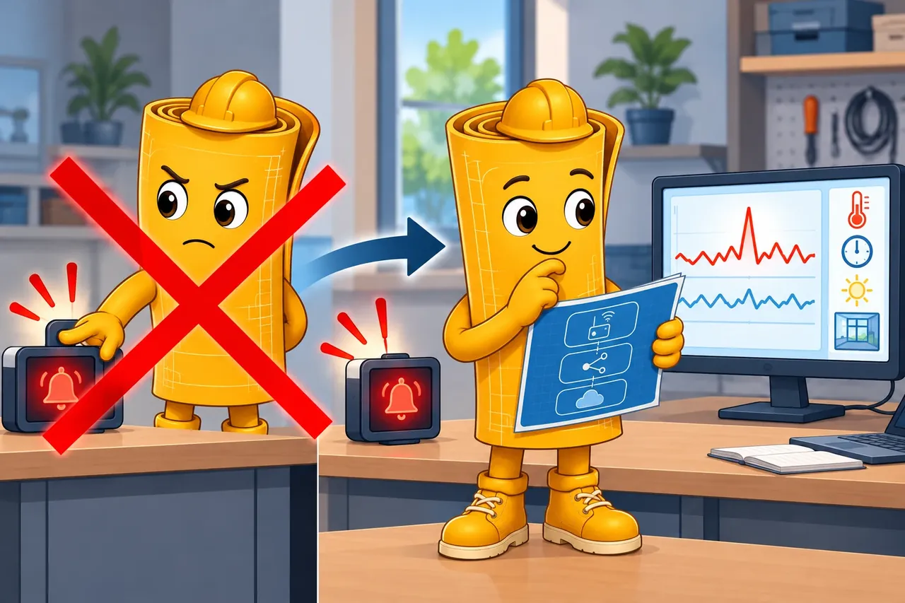 A cartoon crosses out the wrong claim and shows the section evidence. Wrong idea: remove an alert because workers silence it. It fails because the team must first learn whether noise, timing, wording, or missing context caused that behavior.