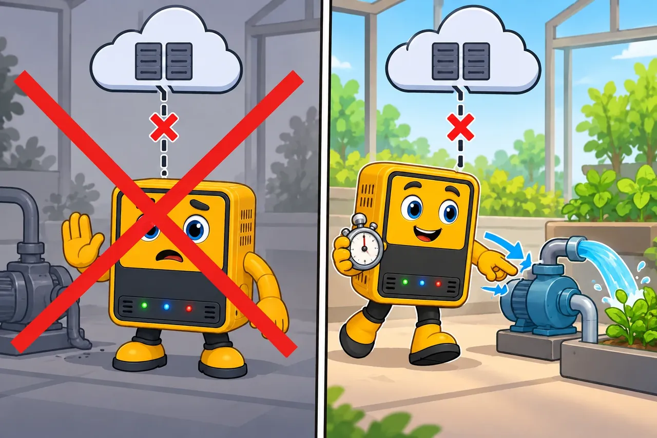 A cartoon crosses out the wrong claim and shows the section evidence. Wrong idea: stop every local task when the cloud link drops. It fails because bounded local operation is what keeps an edge site useful during a break.