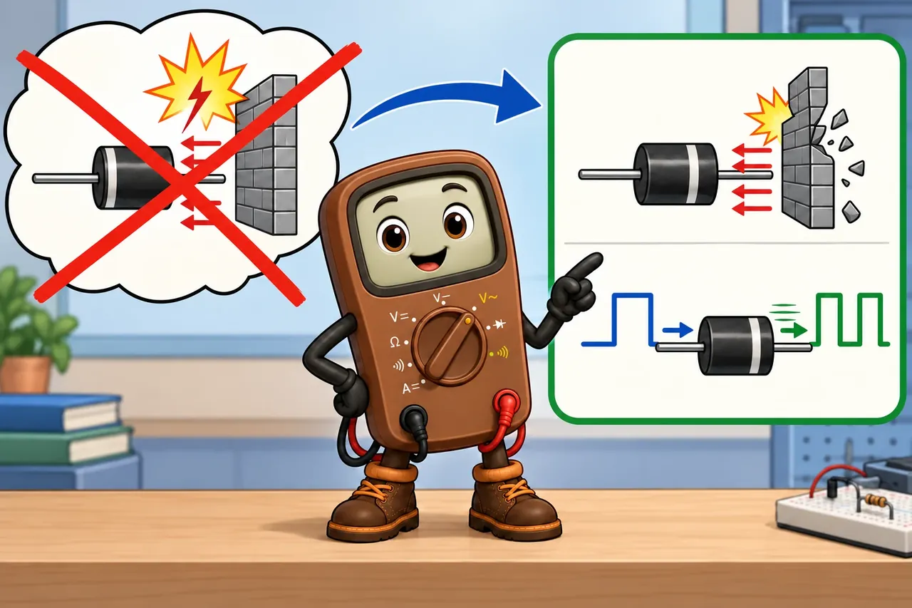 A cartoon crosses out the wrong claim and shows the section evidence. Wrong idea: a Schottky diode switches faster because it blocks more reverse voltage. It fails because its advantage is very low stored charge, not stronger blocking.