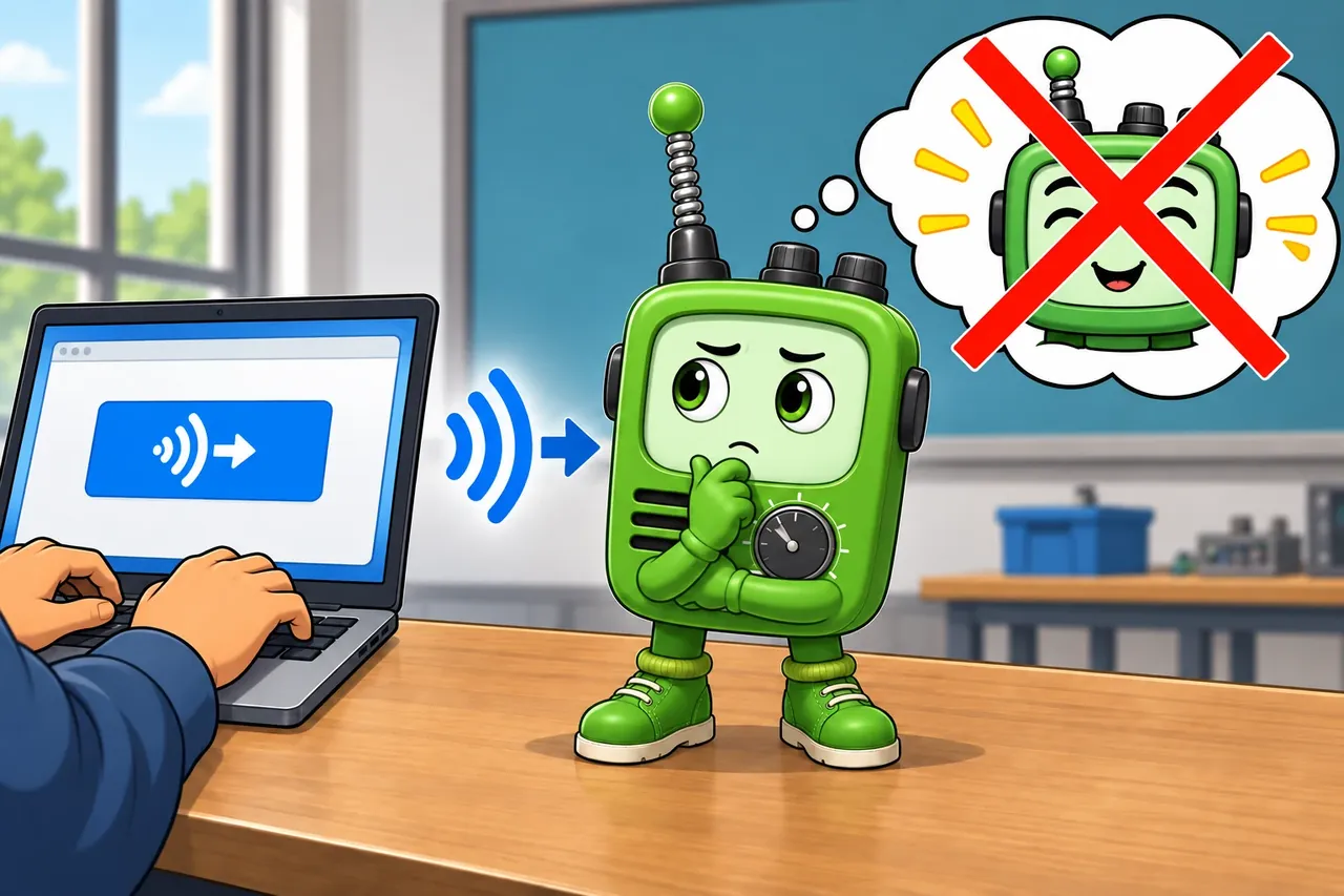 A cartoon crosses out the wrong claim and shows the section evidence. Wrong idea: submitting a downlink makes the command arrive at once. It fails because the sleeping device, receive window, and device class control when delivery is possible.