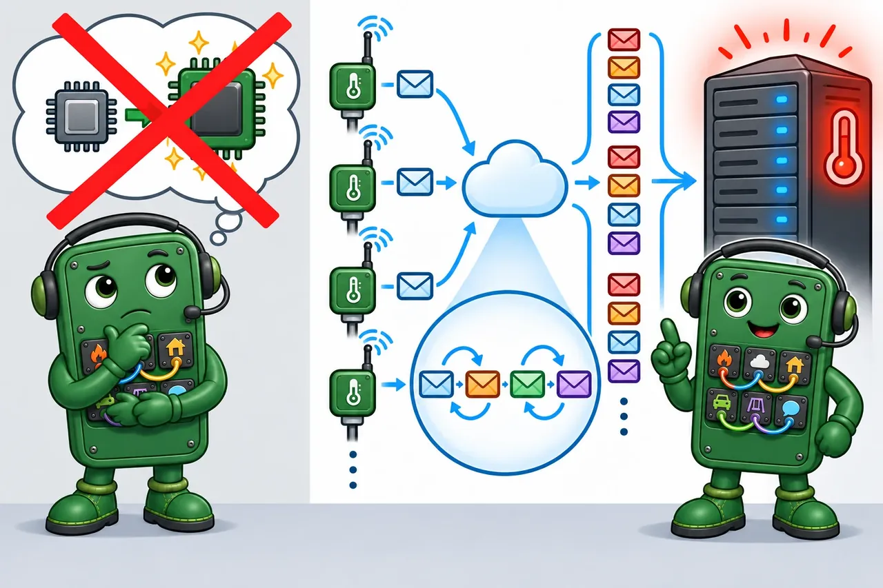 A cartoon crosses out the wrong claim and shows the section evidence. Wrong idea: upgrade the broker while keeping four-step delivery for every reading. It fails because that setting creates four network messages when an occasional reading may be missed.