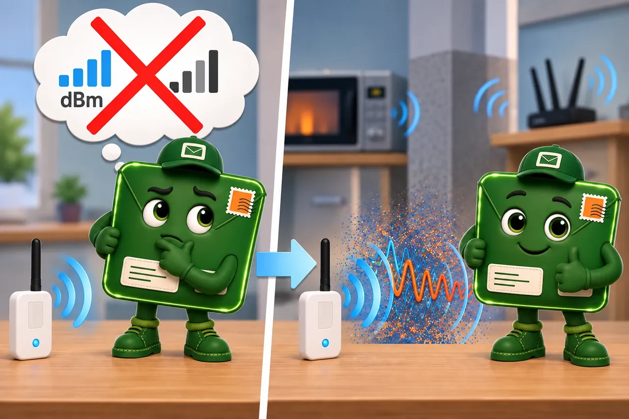 A split cartoon crosses out a thought bubble containing dBm signal bars. A worried green character stands beside a wireless device on the left; on the right, a second character smiles near radio waves distorted by an obstacle and nearby equipment.