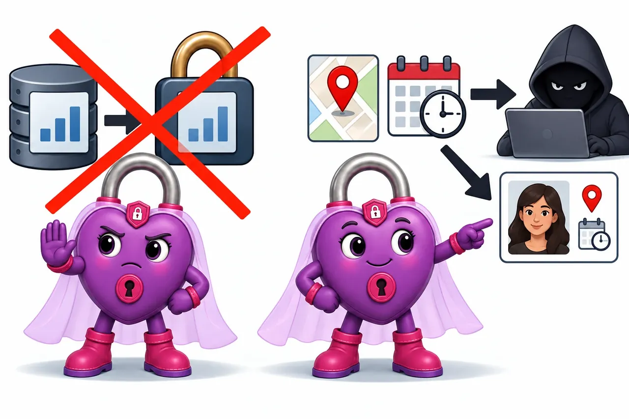 A cartoon crosses out the wrong claim and shows the section evidence. Wrong idea: encrypt the vehicle count to stop re-identification. It fails because the unique place and time reveal the record, while the count is only a summary.