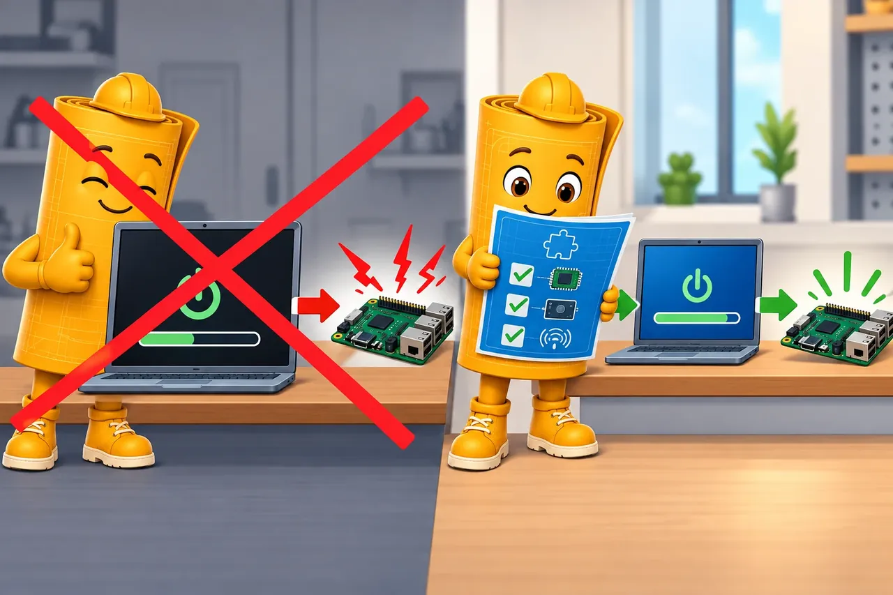 A cartoon crosses out the wrong claim and shows the section evidence. Wrong idea: the bootloader always rejects a package for the wrong device. It fails because code can boot despite a bad board, layout, radio, or data match.