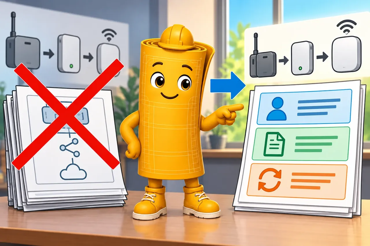 A cartoon crosses out the wrong claim and shows the section evidence. Wrong idea: freeze a product list so later changes cannot reopen the design. It fails because a useful record keeps duties, proof, and reasons to review again.