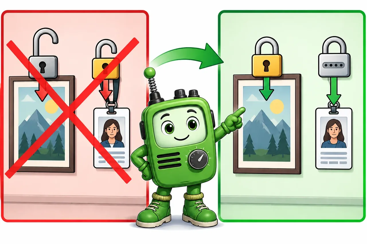 A cartoon crosses out the wrong claim and shows the section evidence. Wrong idea: use passwords on fixed posters and lock weekly staff tags. It fails because posters need permanent locks, while staff tags must stay writable under a password.