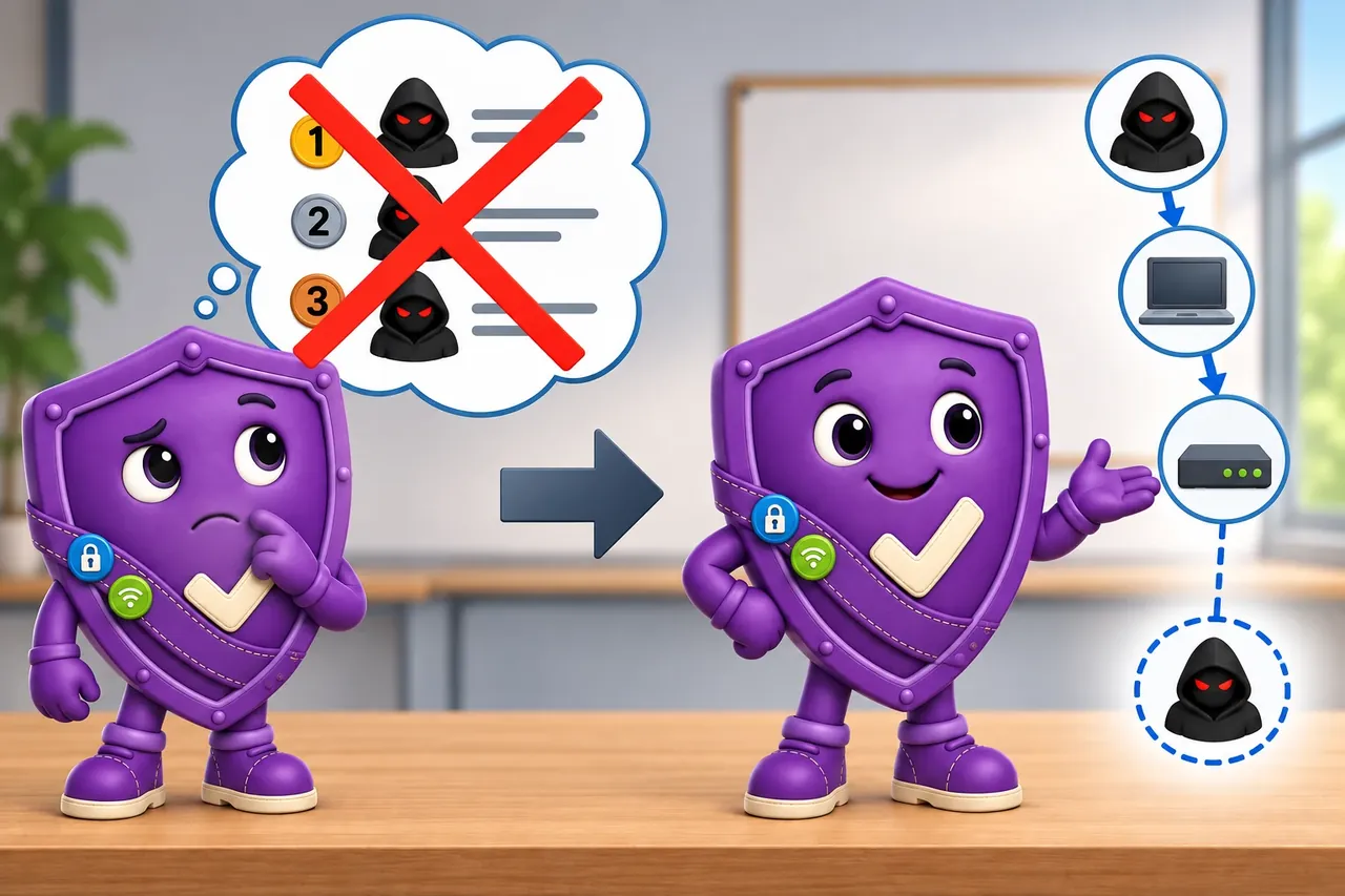 A cartoon crosses out the wrong claim and shows the section evidence. Wrong idea: risk ranking failed to catch the bad update. It fails because the update flow was missing, so the threat was never listed for ranking.