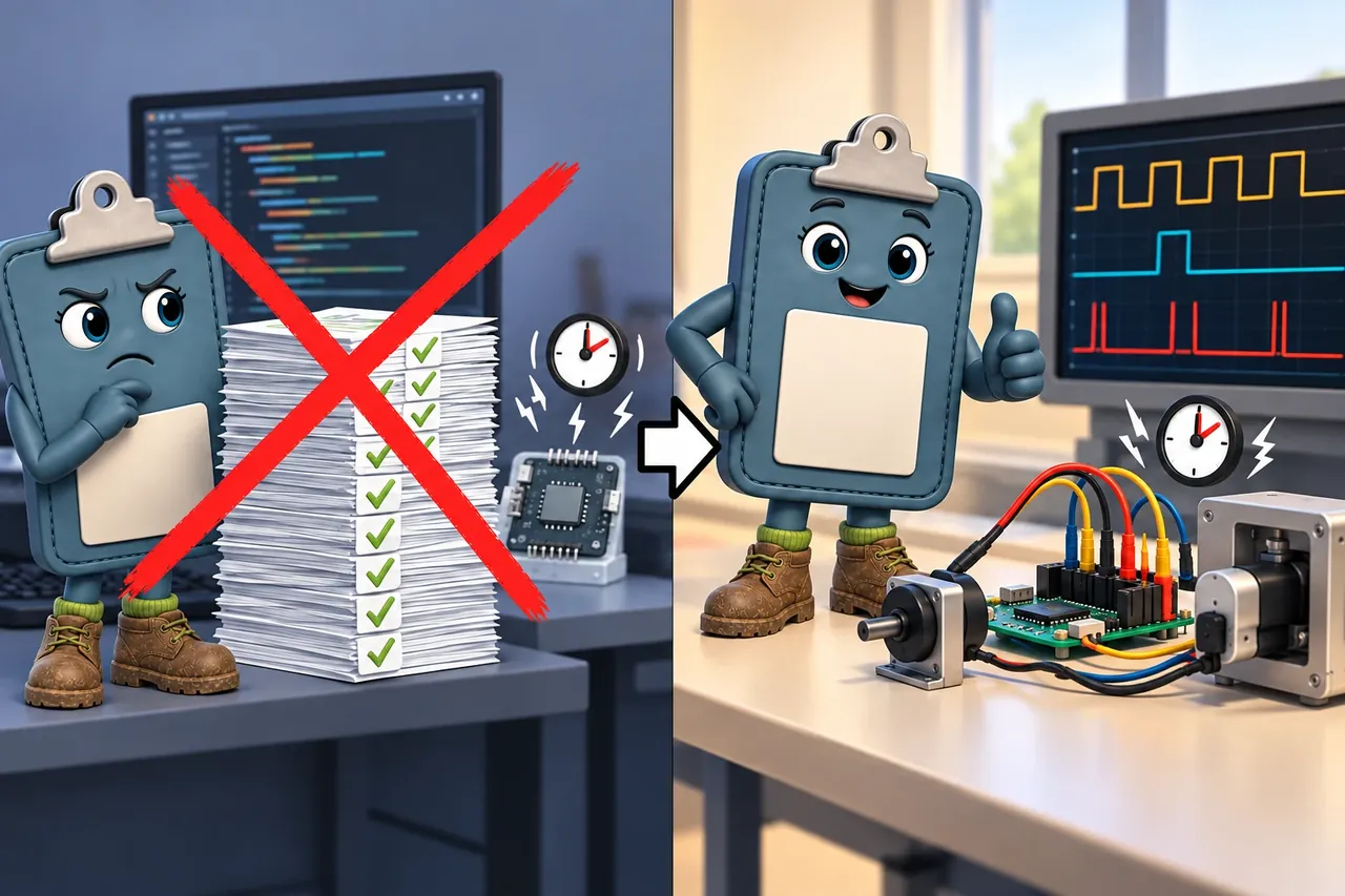 A cartoon crosses out the wrong claim and shows the section evidence. Wrong idea: more computer-only unit tests will fix the random hardware failure. It fails because real timing and input events are what expose this kind of fault.