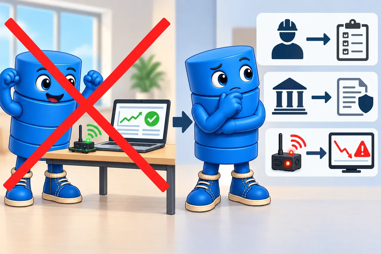 A cartoon crosses out the wrong claim and shows the section evidence. Wrong idea: a useful demo proves the dashboard is safe for daily work. It fails because owners, access rules, stale-data tests, and recovery are missing.