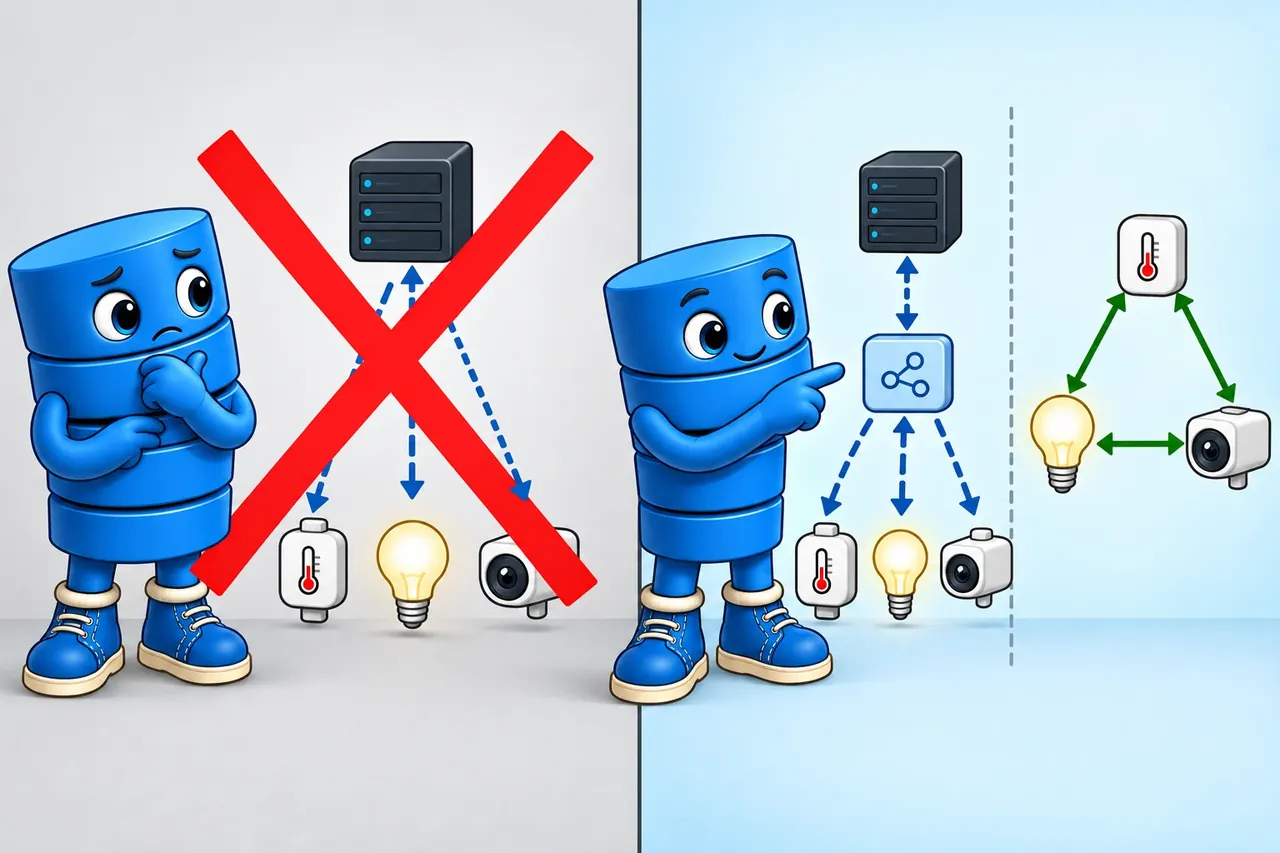 A cartoon crosses out the wrong claim and shows the section evidence. Wrong idea: spare doorbells can relay for others at no real cost. It fails because that choice spends device power and bandwidth and adds privacy, trust, and removal duties.