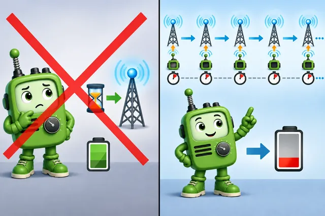 A cartoon crosses out the wrong claim and shows the section evidence. Wrong idea: beacon mode costs no more when a sensor reports every fifteen minutes. It fails because the sensor must wake for every beacon, which adds listen current.