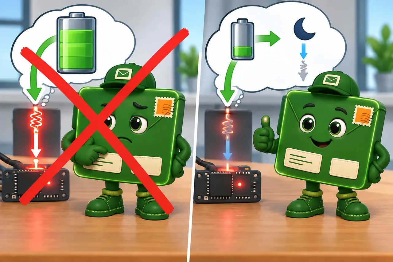 A cartoon crosses out the wrong claim and shows the section evidence. Wrong idea: cut the tiny active time again because it always drives battery use. It fails because sleep leakage is now larger and sets the current floor.