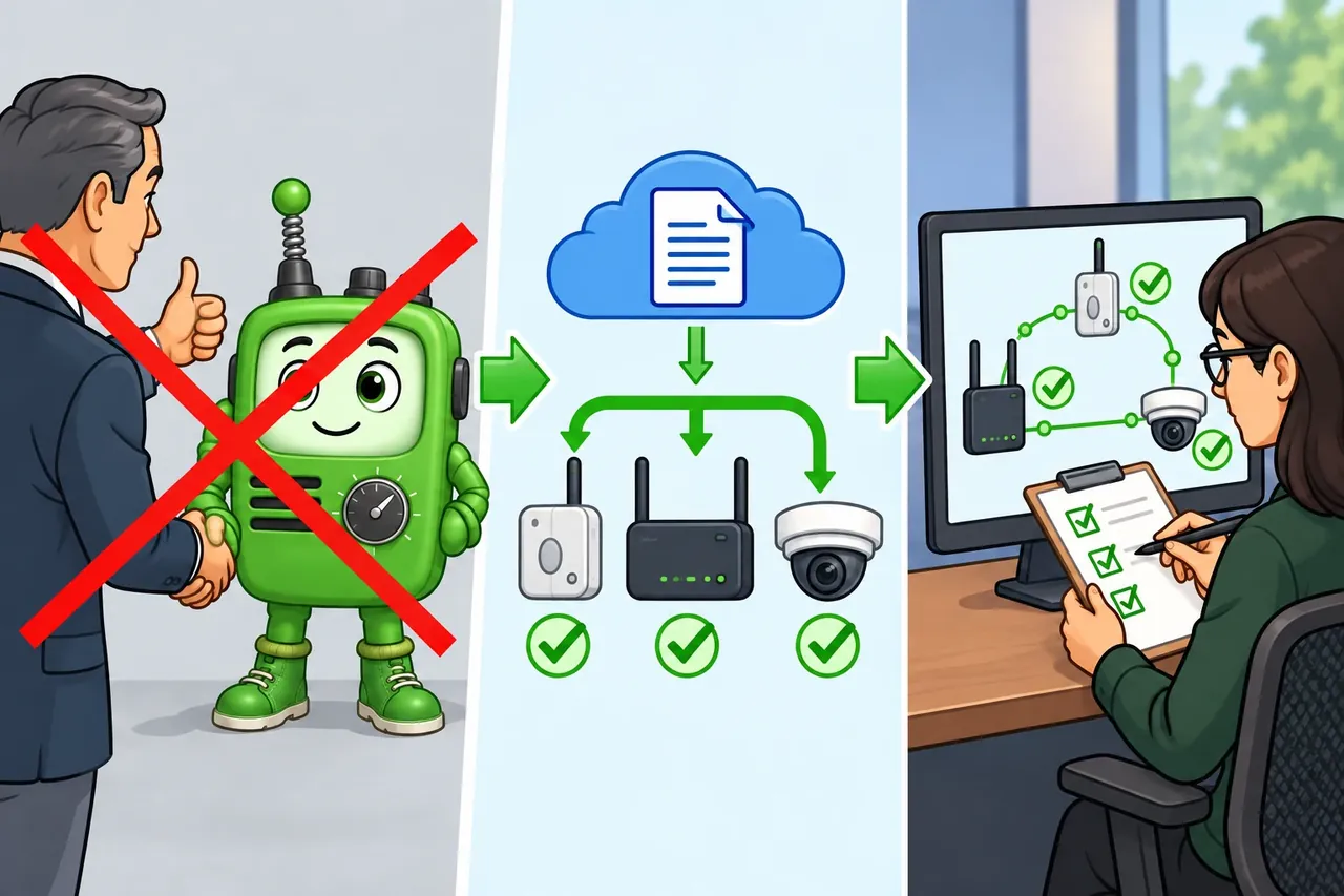 A cartoon crosses out the wrong claim and shows the section evidence. Wrong idea: commissioner approval proves a new Thread channel is live. It fails because the team must show that devices received the pending data and share the new active state.