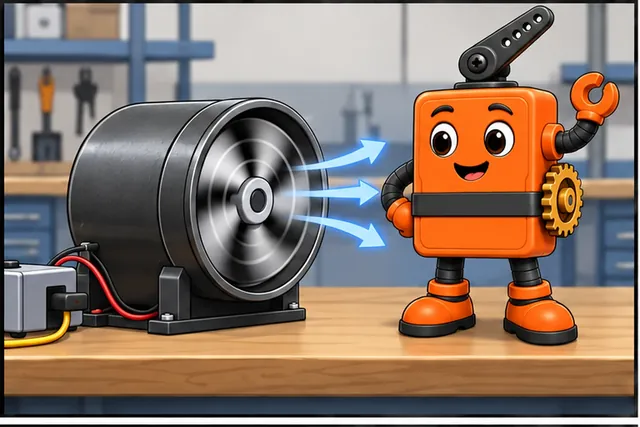 Cartoon panel 1 illustrates this step: A duct fan spins on the bench but stalls when dust blocks it.