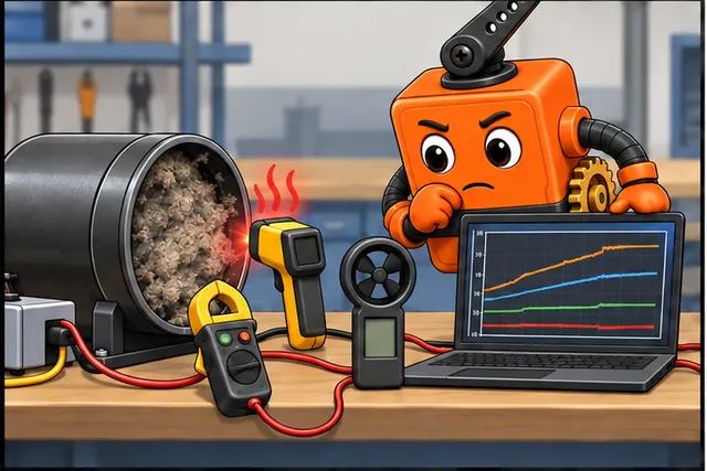 Cartoon panel 3 illustrates this step: Test the real load, then block the shaft, cut power, and restart.