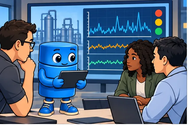 Cartoon panel 1 illustrates this step: An operations team reviews messy data from a field device.