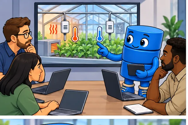 Cartoon panel 1 illustrates this step: Two greenhouse sensors disagree about the room temperature.