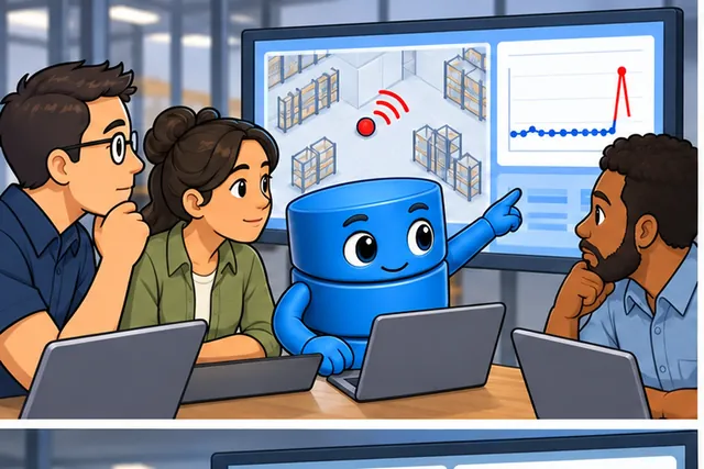 Cartoon panel 1 illustrates this step: A warehouse sensor reports a sudden jump in temperature.