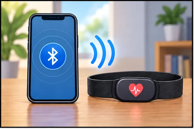 Cartoon panel 1 illustrates this step: A phone finds a nearby heart-rate sensor.