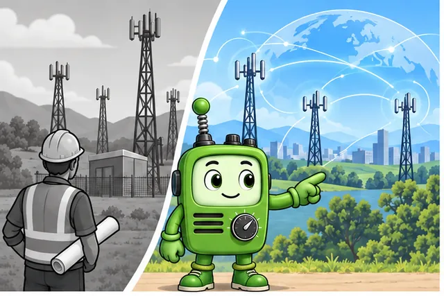 Cartoon panel 1 illustrates this step: A field device borrows a mobile operator's wide-area network.